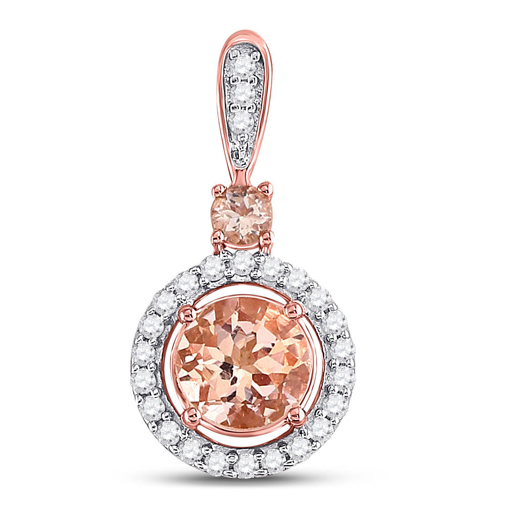 10kt Rose Gold Womens Round Morganite Diamond Solitaire Pendant 3/8 Cttw