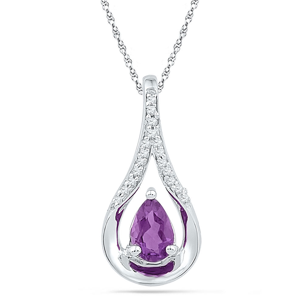 Sterling Silver Womens Pear Lab-Created Amethyst Solitaire Diamond Teardrop Pendant 1/2 Cttw