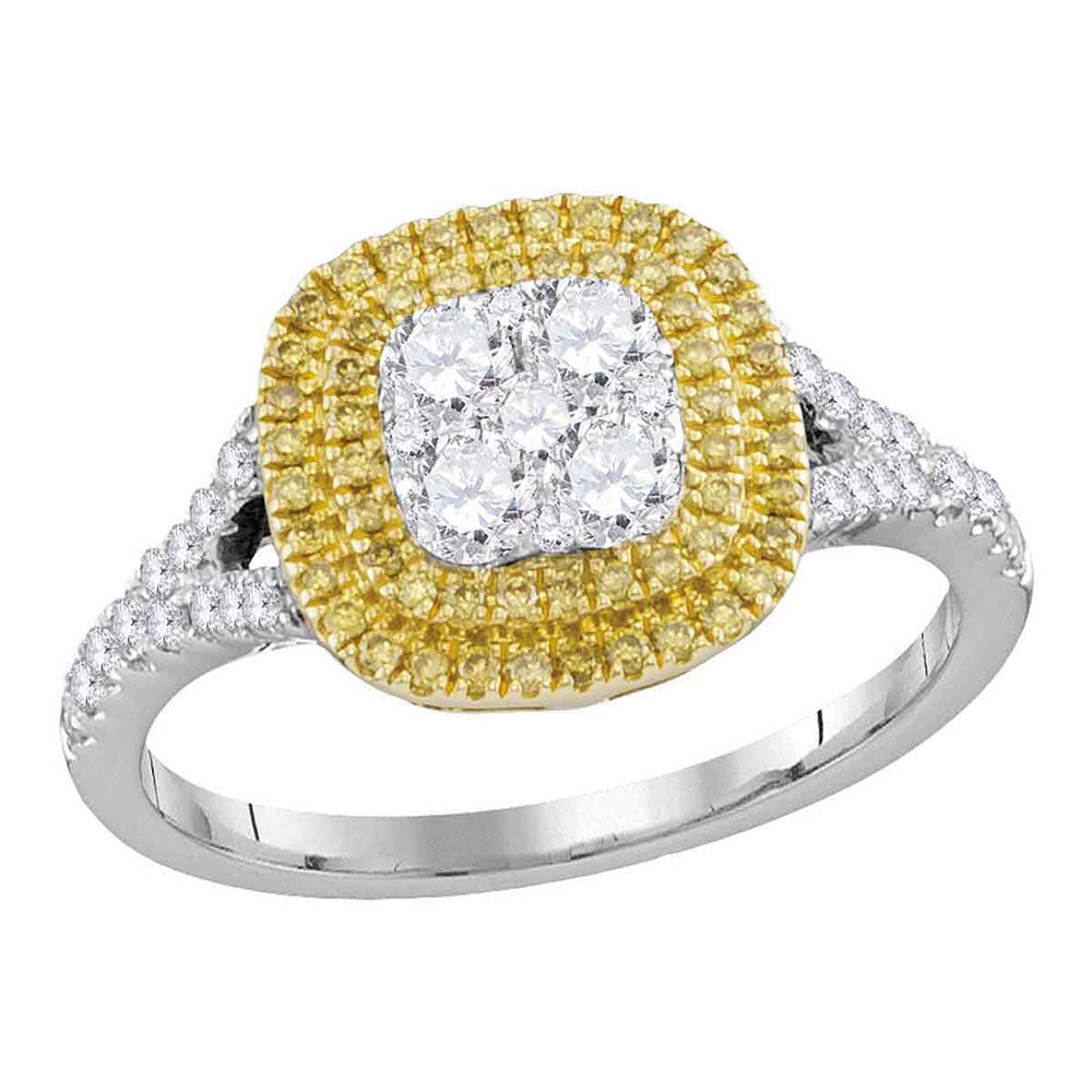 18kt White Gold Womens Round Yellow Diamond Cluster Ring 3/4 Cttw