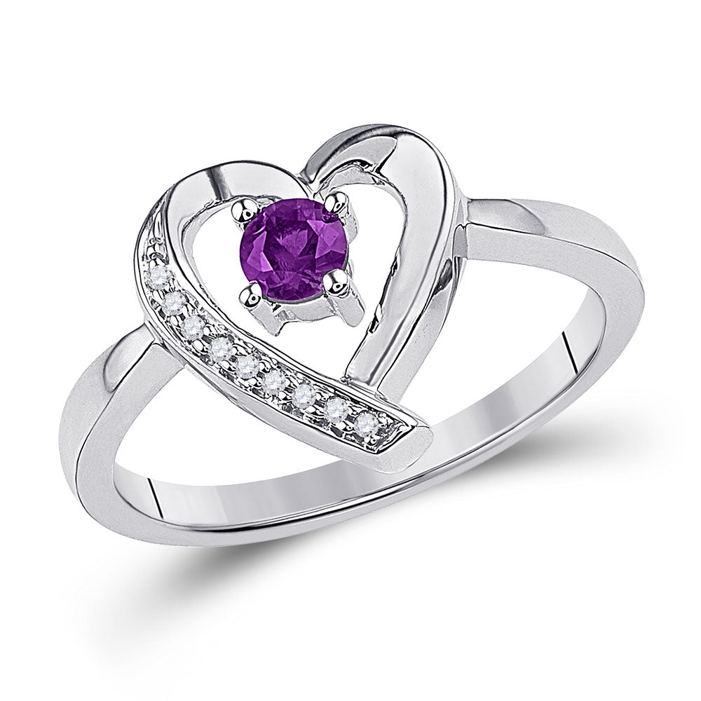 Sterling Silver Womens Round Lab-Created Amethyst Diamond Heart Ring 1/4 Cttw