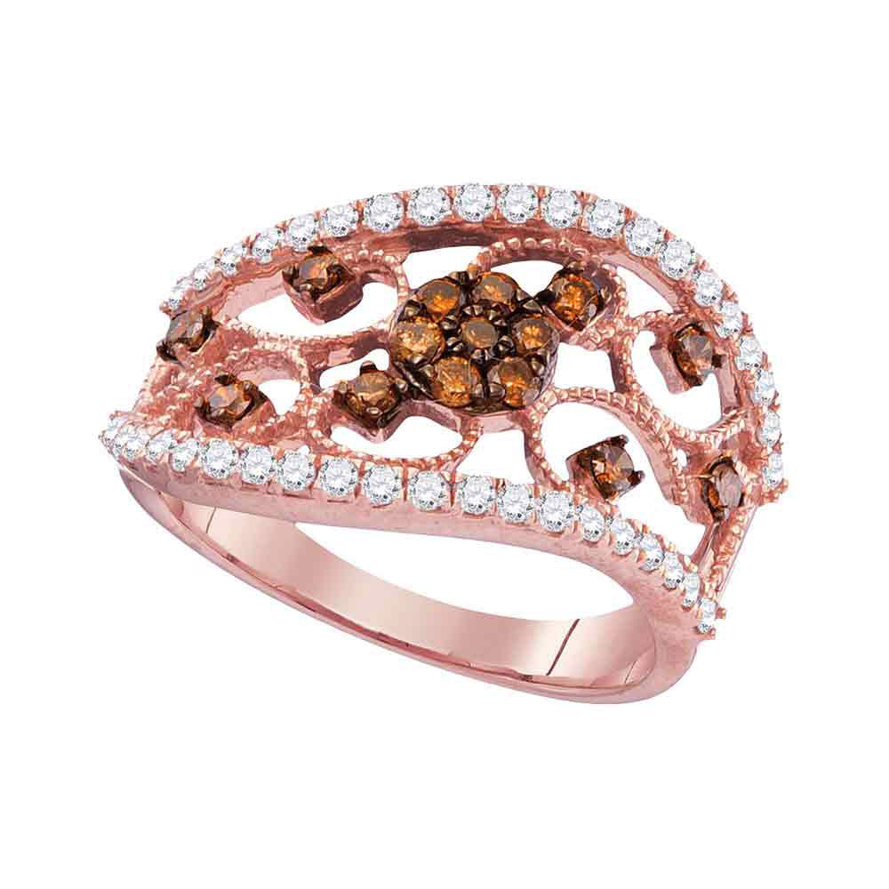 10kt Rose Gold Womens Round Brown Diamond Filigree Band Ring 7/8 Cttw