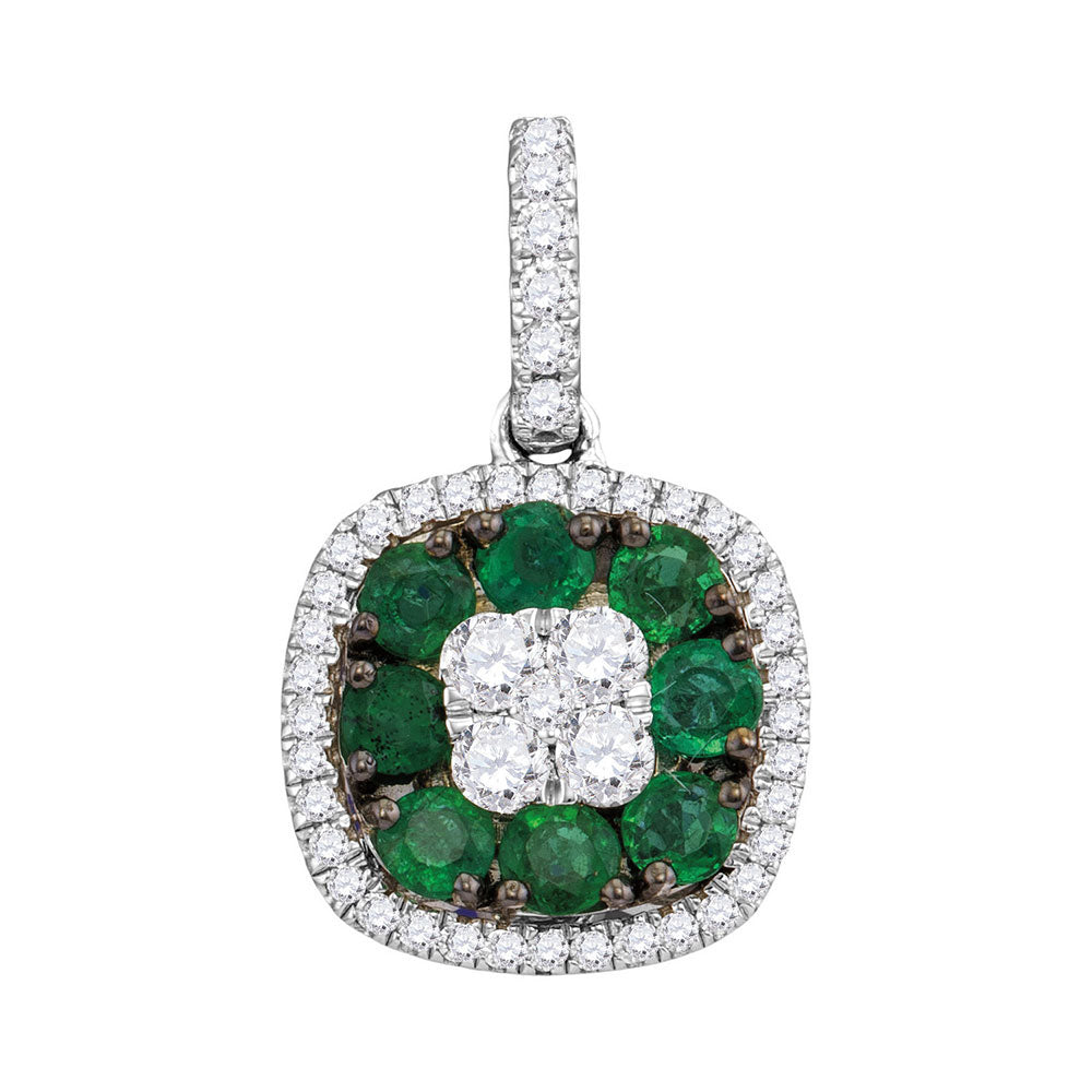 18kt White Gold Womens Round Emerald Diamond Square Cluster Pendant 7/8 Cttw