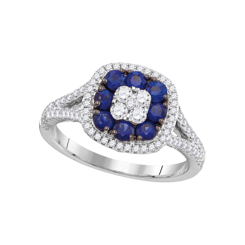 18kt White Gold Womens Round Lab-Created Blue Sapphire Cluster Ring 1-1/5 Cttw