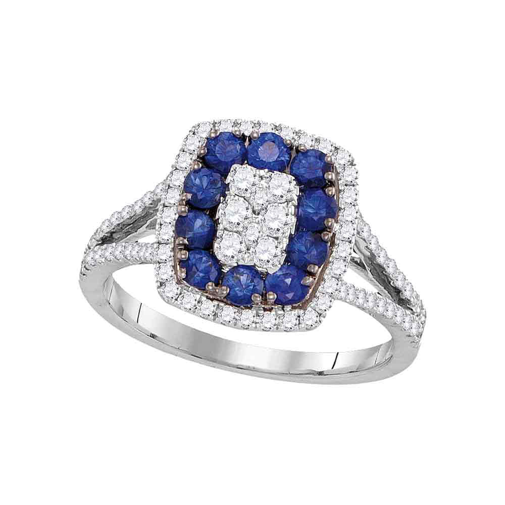 18kt White Gold Womens Round Blue Sapphire Diamond Cluster Ring 1 Cttw