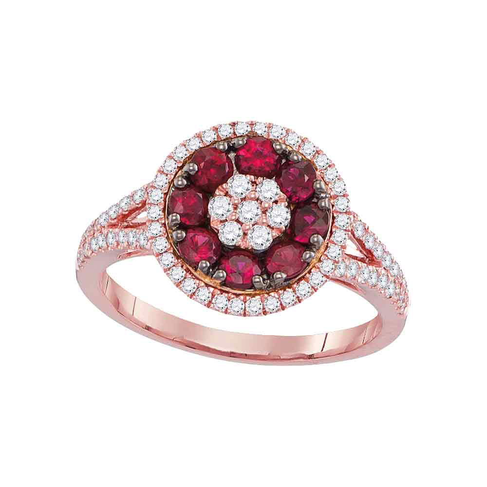 18kt Rose Gold Womens Round Ruby Diamond Flower Cluster Ring 7/8 Cttw