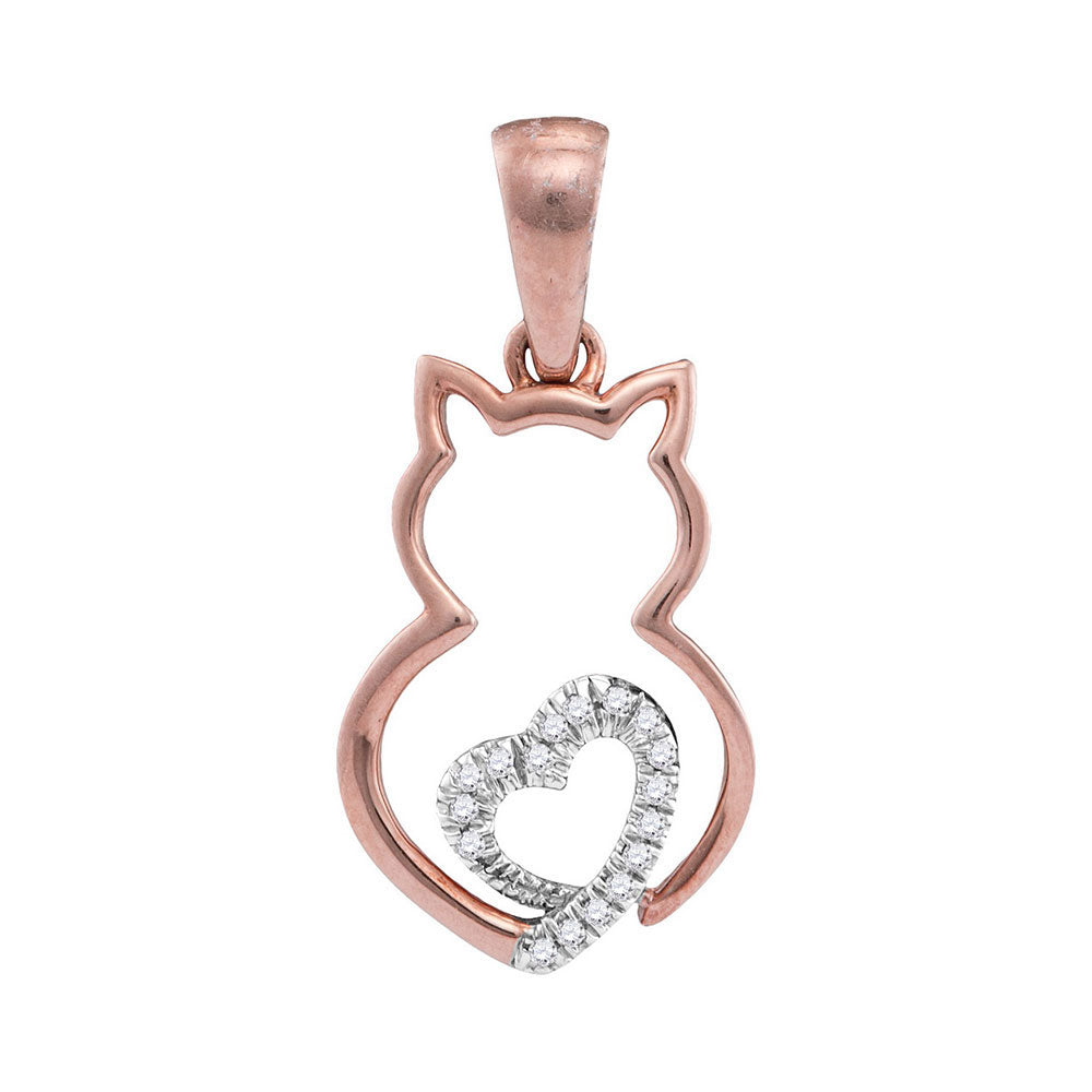 10kt Two-tone Rose Gold Womens Round Diamond Kitty Cat Animal Pendant 1/20 Cttw