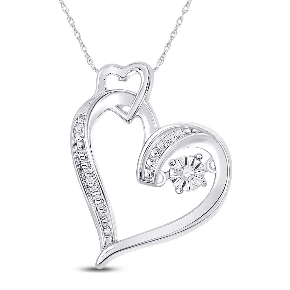 Sterling Silver Womens Round Diamond Moving Twinkle Heart Pendant .01 Cttw