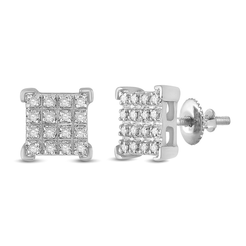 10kt White Gold Mens Round Diamond Square Earrings 1/10 Cttw