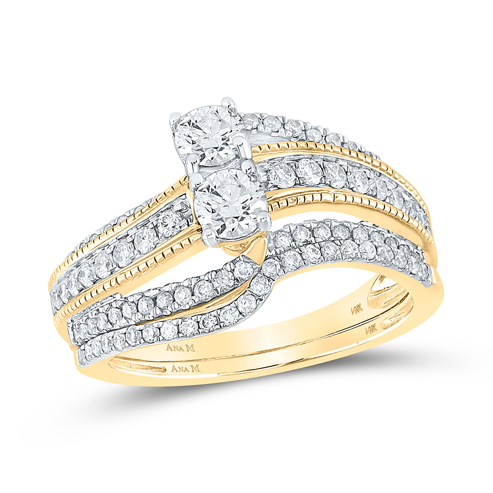 14kt Yellow Gold Round Diamond 2-Stone Bridal Wedding Ring Band Set 1 Cttw