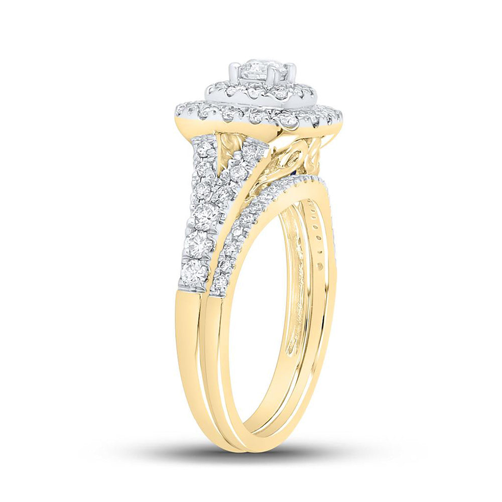 14kt Yellow Gold Round Diamond Halo Bridal Wedding Ring Band Set 1 Cttw