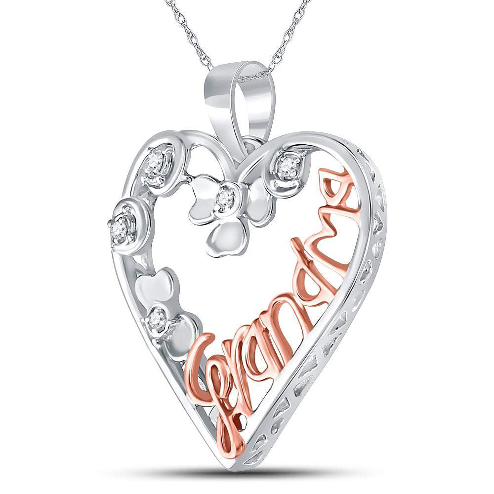 Sterling Silver Womens Round Diamond Grandma Heart Mom Mother Pendant 1/20 Cttw