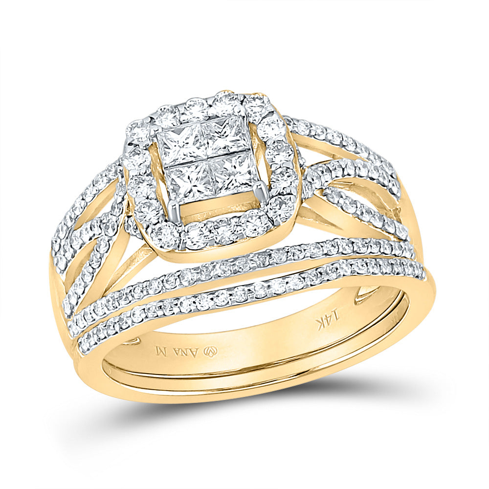 14kt Yellow Gold Princess Diamond Square Halo Bridal Wedding Ring Band Set 1 Cttw