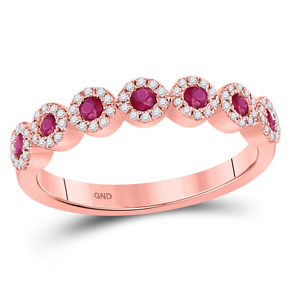 10kt Rose Gold Womens Round Ruby Halo Stackable Band Ring 1/2 Cttw