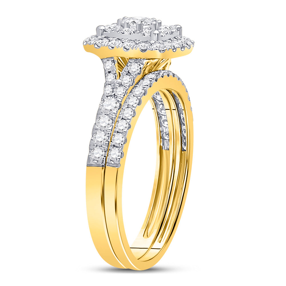 14kt Yellow Gold Round Diamond Square Halo Bridal Wedding Ring Band Set 1 Cttw