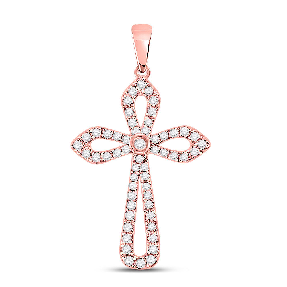 10kt Rose Gold Womens Round Diamond Gothic Cross Pendant 1/3 Cttw