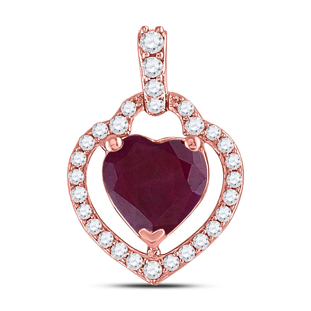 10kt Rose Gold Womens Heart Lab-Created Ruby Solitaire Pendant 1-1/2 Cttw