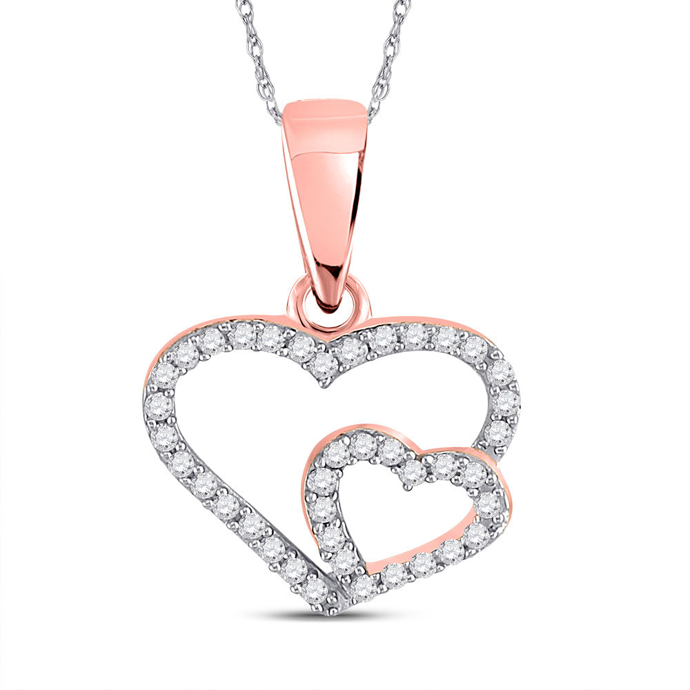 10kt Rose Gold Womens Round Diamond Double Heart Pendant 1/10 Cttw