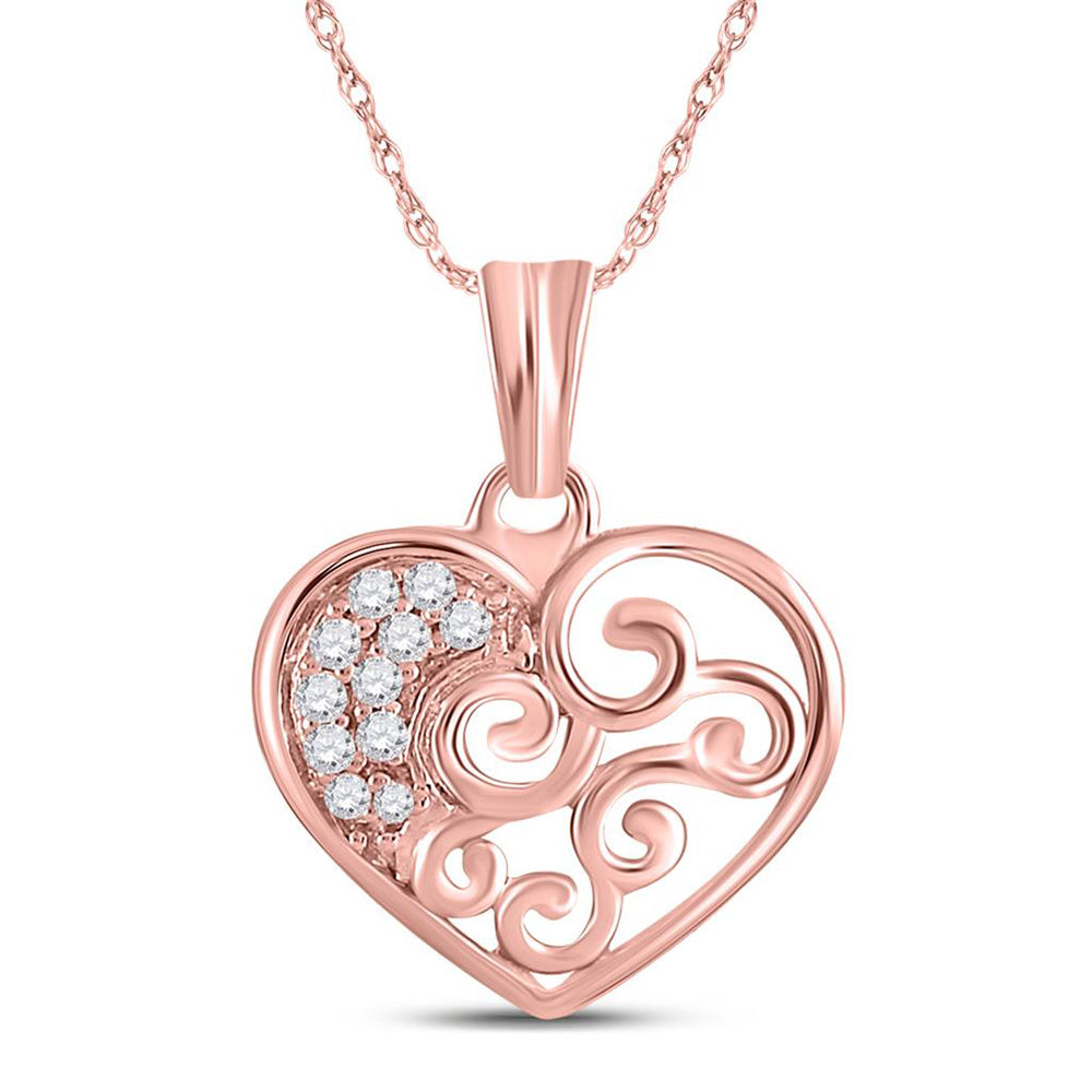 10kt Rose Gold Womens Round Diamond Heart Pendant 1/12 Cttw