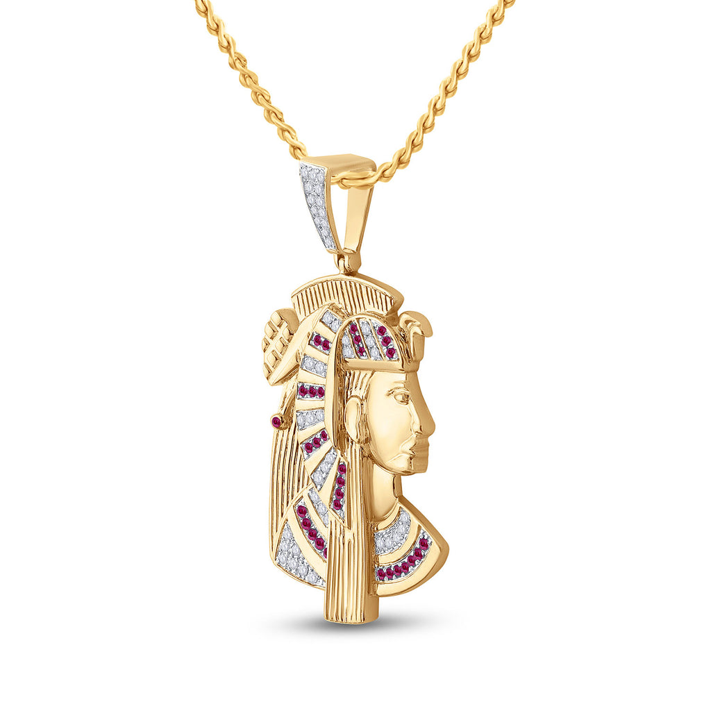 10kt Yellow Gold Mens Round Ruby Diamond Pharaoh Charm Pendant 1 Cttw