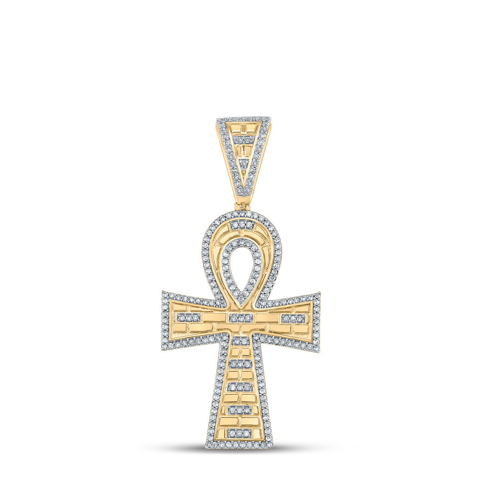 10kt Yellow Gold Mens Round Diamond Ankh Cross Charm Pendant 1/2 Cttw