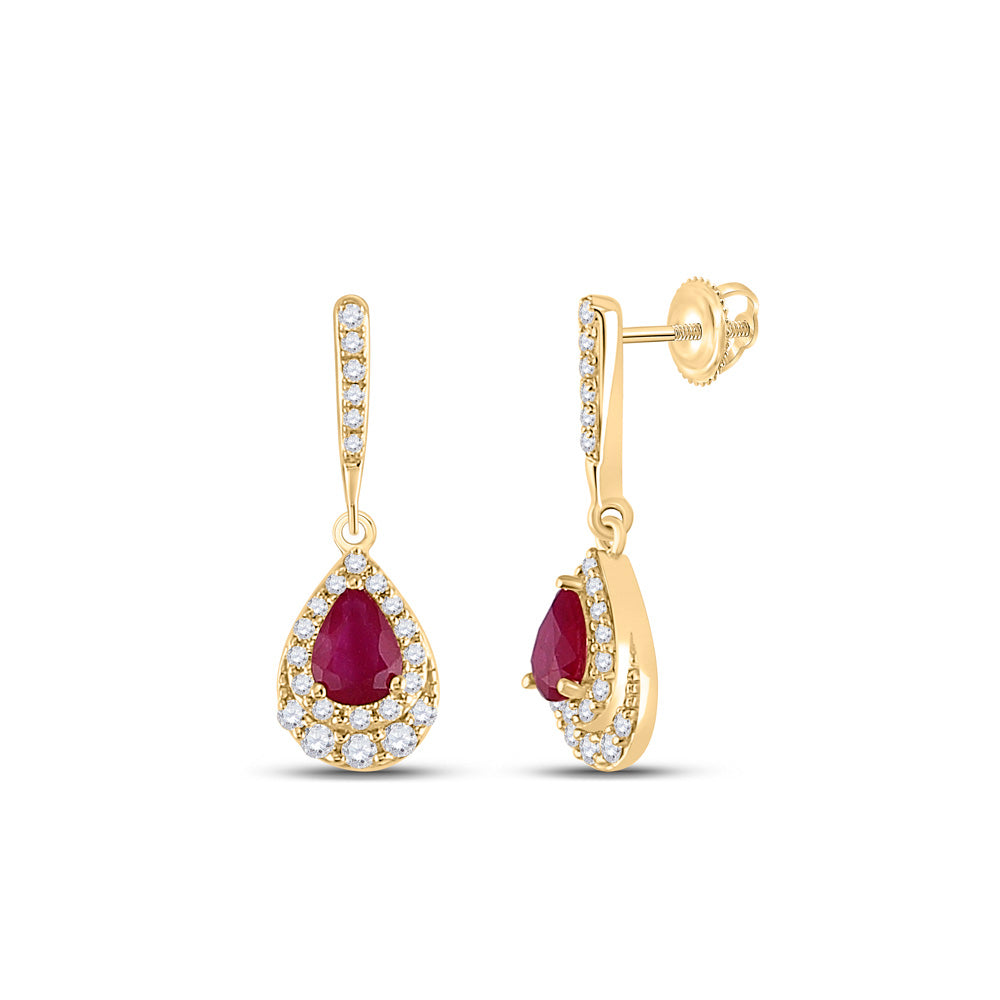 14kt Yellow Gold Womens Pear Ruby Teardrop Dangle Earrings 5/8 Cttw