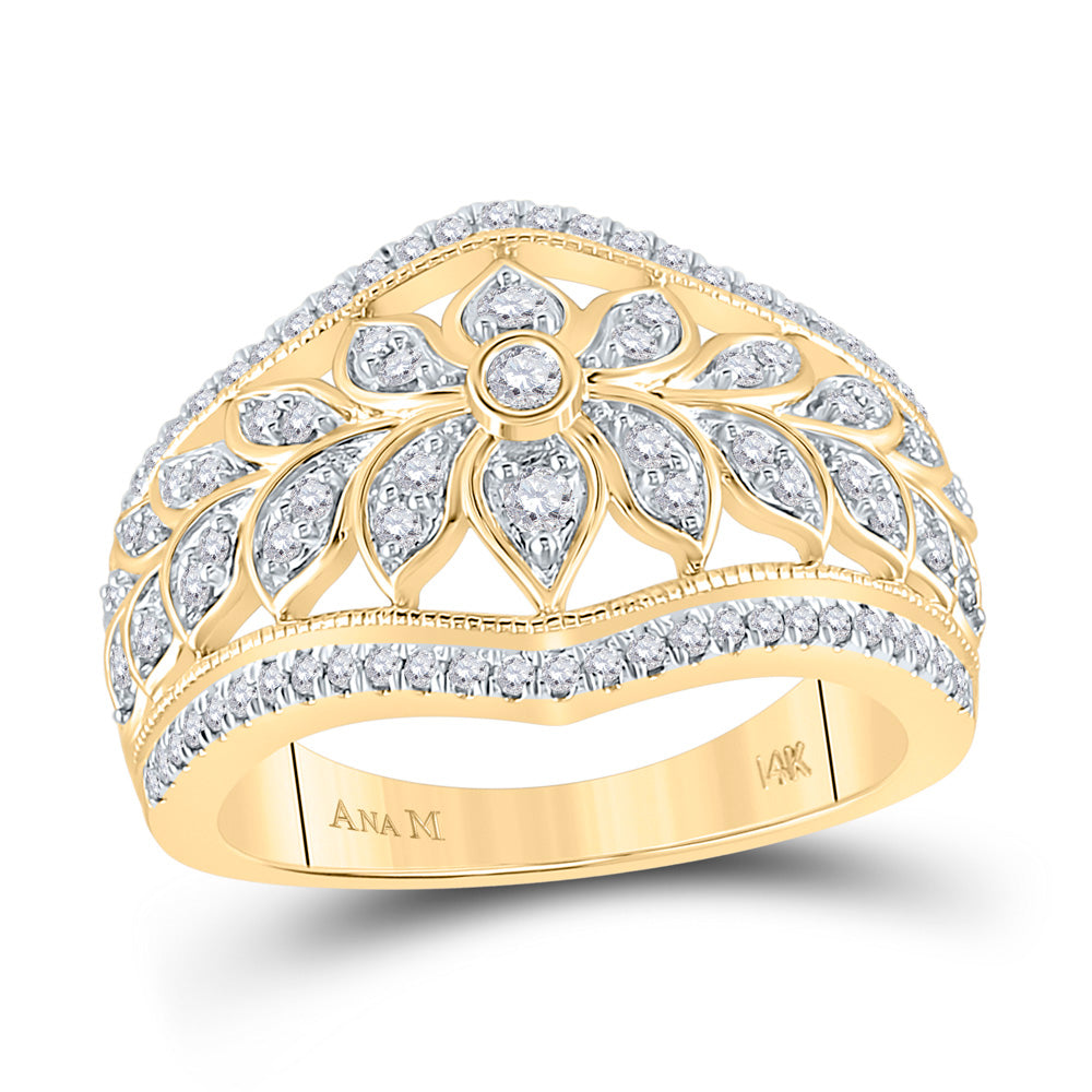 14kt Yellow Gold Womens Round Diamond Floral Fashion Ring 1/2 Cttw