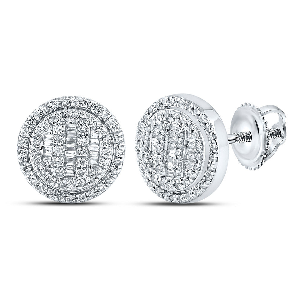 10kt White Gold Mens Baguette Diamond Disk Circle Earrings 1/2 Cttw