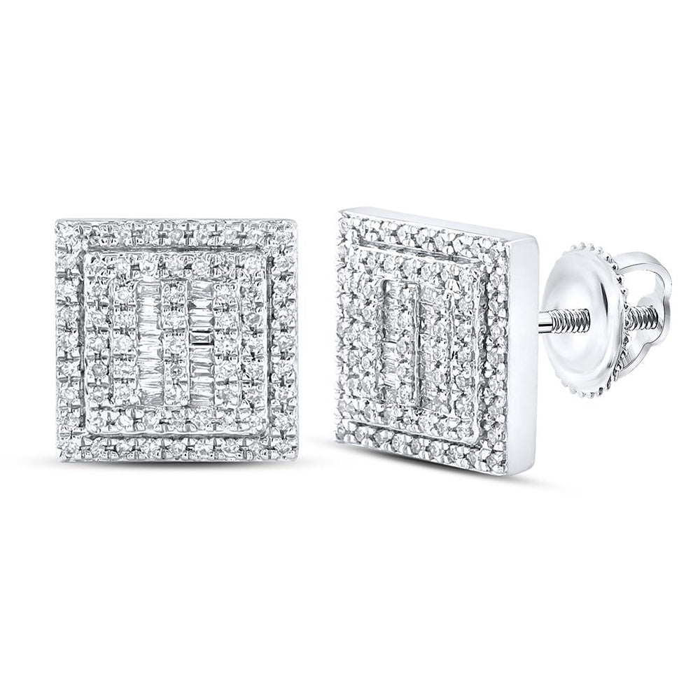 10kt White Gold Mens Baguette Diamond Square Earrings 1/2 Cttw