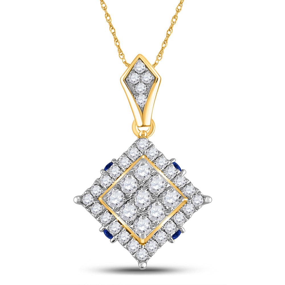 14kt Yellow Gold Womens Round Diamond Blue Sapphire Square Pendant 5/8 Cttw