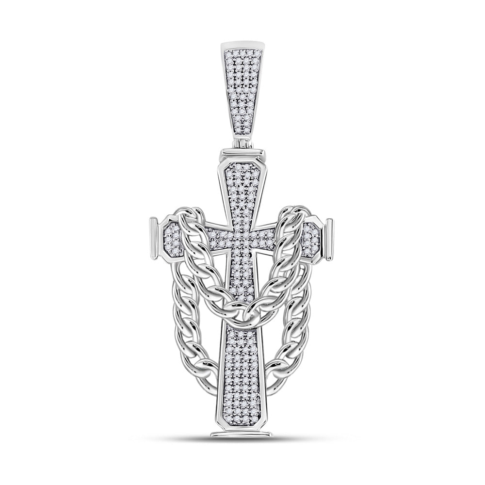 10kt White Gold Mens Round Diamond Cross Charm Pendant 3/8 Cttw