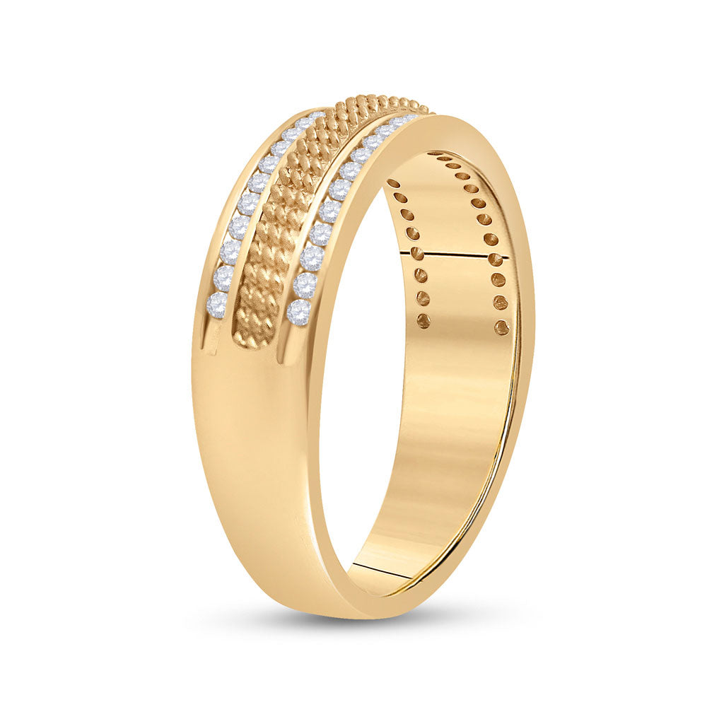 14kt Yellow Gold Mens Round Diamond Wedding Textured Band Ring 1/3 Cttw