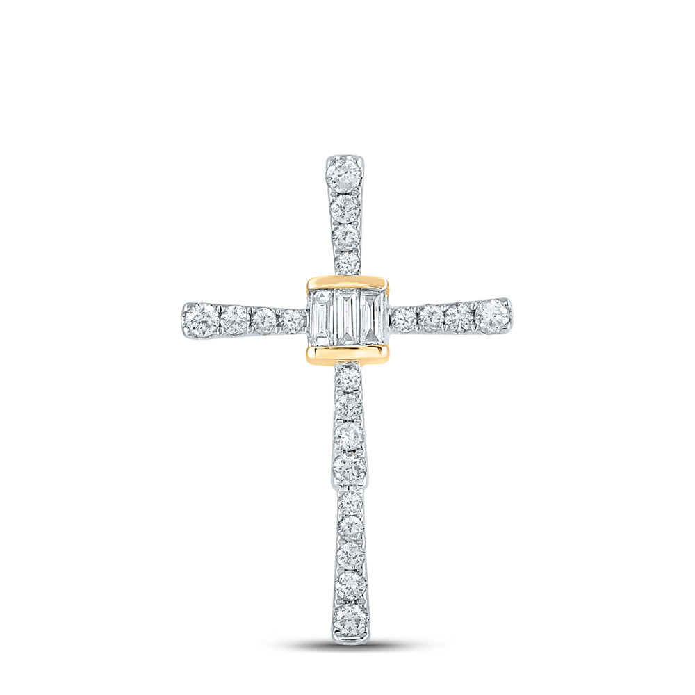 14kt Yellow Gold Womens Baguette Round Diamond Cross Pendant 5/8 Cttw