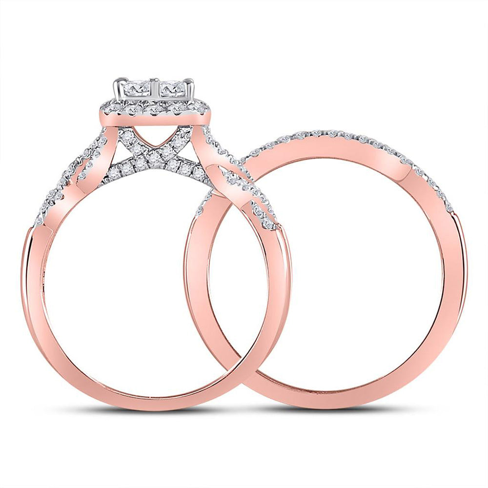 10kt Rose Gold Princess Diamond Square Bridal Wedding Ring Band Set 1 Cttw