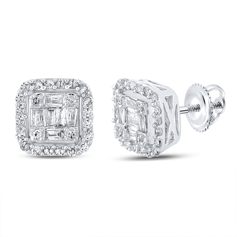 10kt White Gold Mens Baguette Diamond Square Earrings 1/2 Cttw