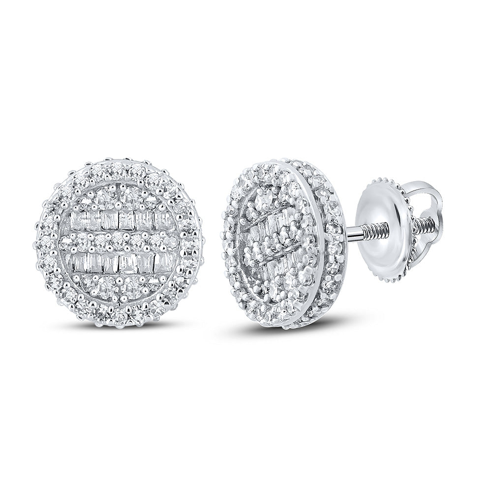 10kt White Gold Mens Baguette Diamond Circle Earrings 1/2 Cttw