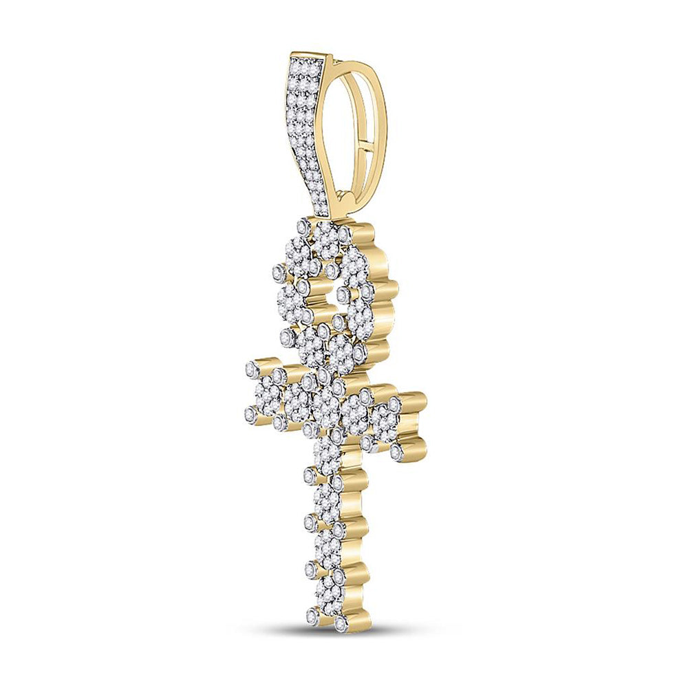 10kt White Gold Mens Round Diamond Ankh Cross Charm Pendant 1 Cttw