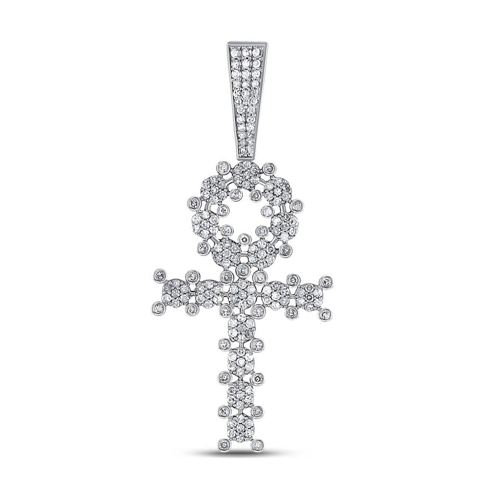 10kt White Gold Mens Round Diamond Ankh Cross Charm Pendant 1 Cttw