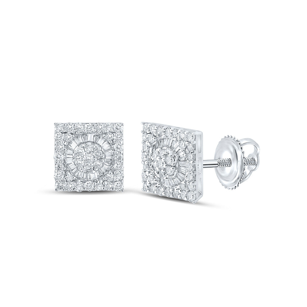 10kt White Gold Mens Baguette Diamond Square Earrings 7/8 Cttw