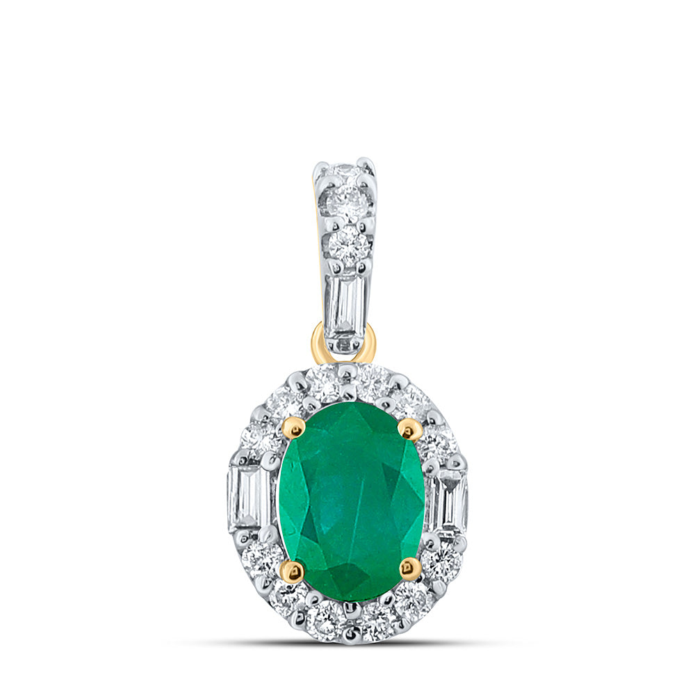 14kt Yellow Gold Womens Oval Emerald Diamond Fashion Pendant 1 Cttw