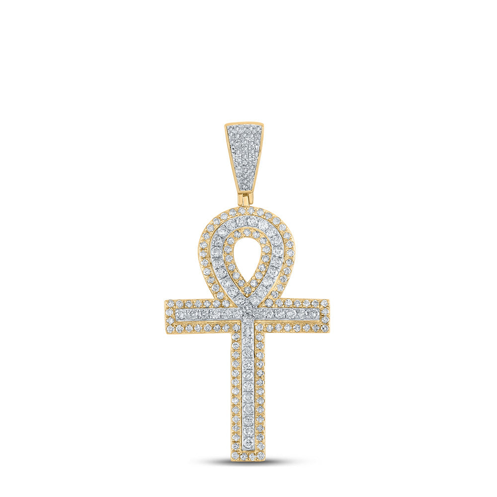 10kt Two-tone Gold Mens Round Diamond Ankh Cross Charm Pendant 2 Cttw