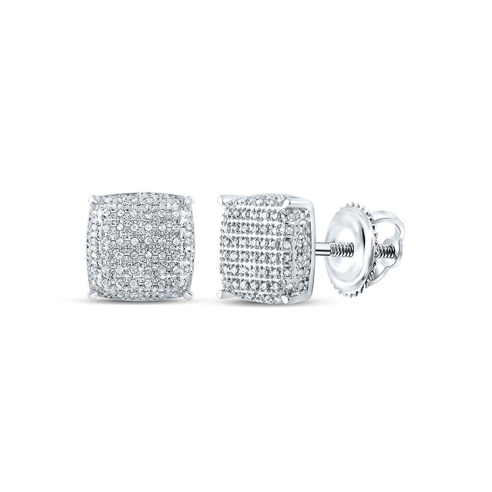 10kt White Gold Mens Round Diamond Square Earrings 1/2 Cttw