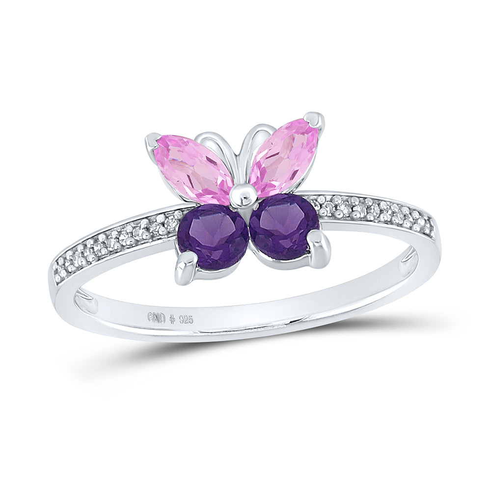 Sterling Silver Womens Round Lab-Created Amethyst Butterfly Ring 7/8 Cttw