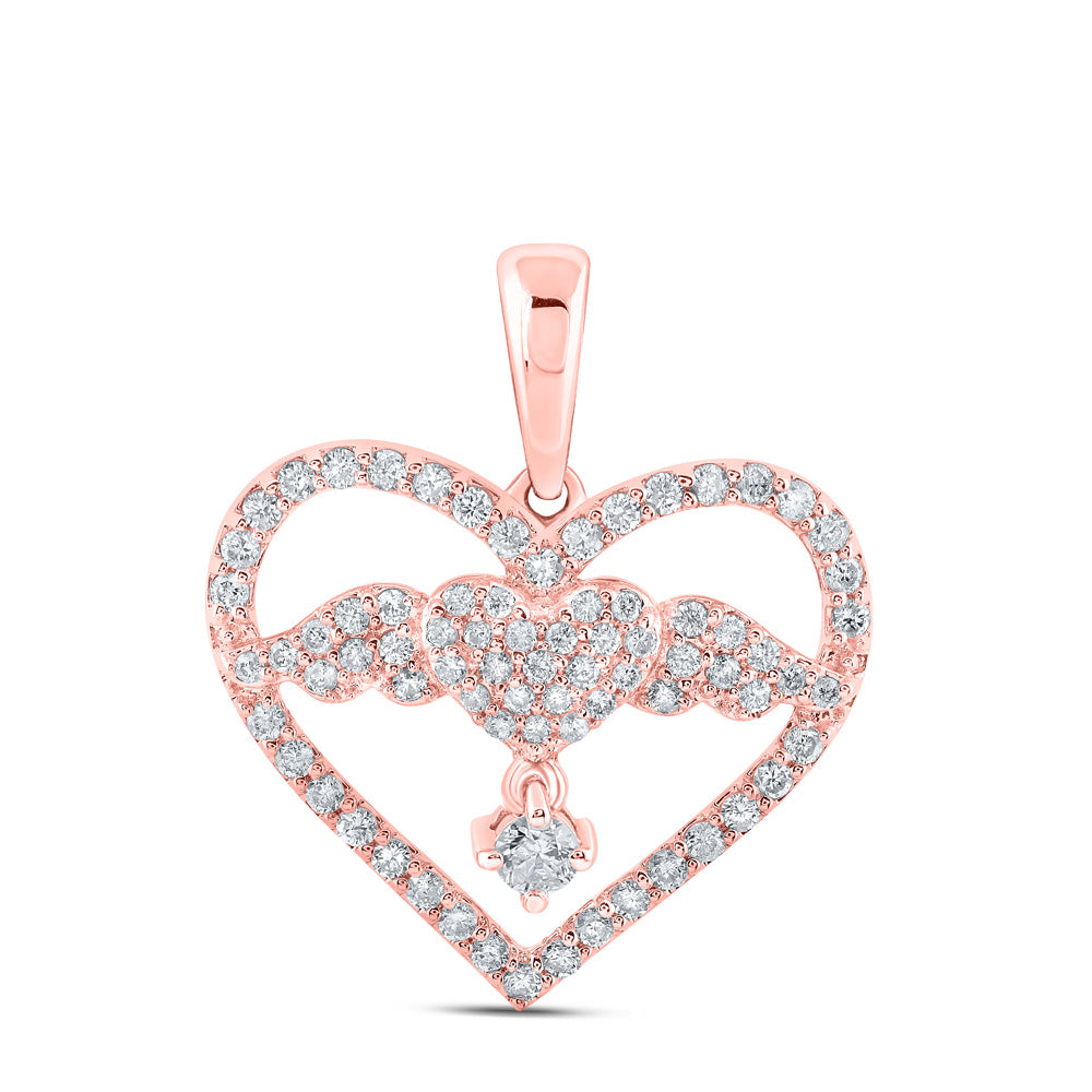 10kt Rose Gold Womens Round Diamond Angel Heart Pendant 5/8 Cttw