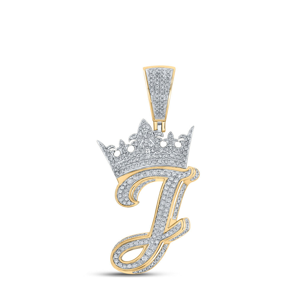 10kt Two-tone Gold Mens Round Diamond Crown J Letter Charm Pendant 1-1/4 Cttw