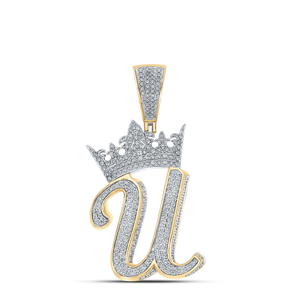 10kt Two-tone Gold Mens Round Diamond U Crown Letter Charm Pendant 1-1/2 Cttw