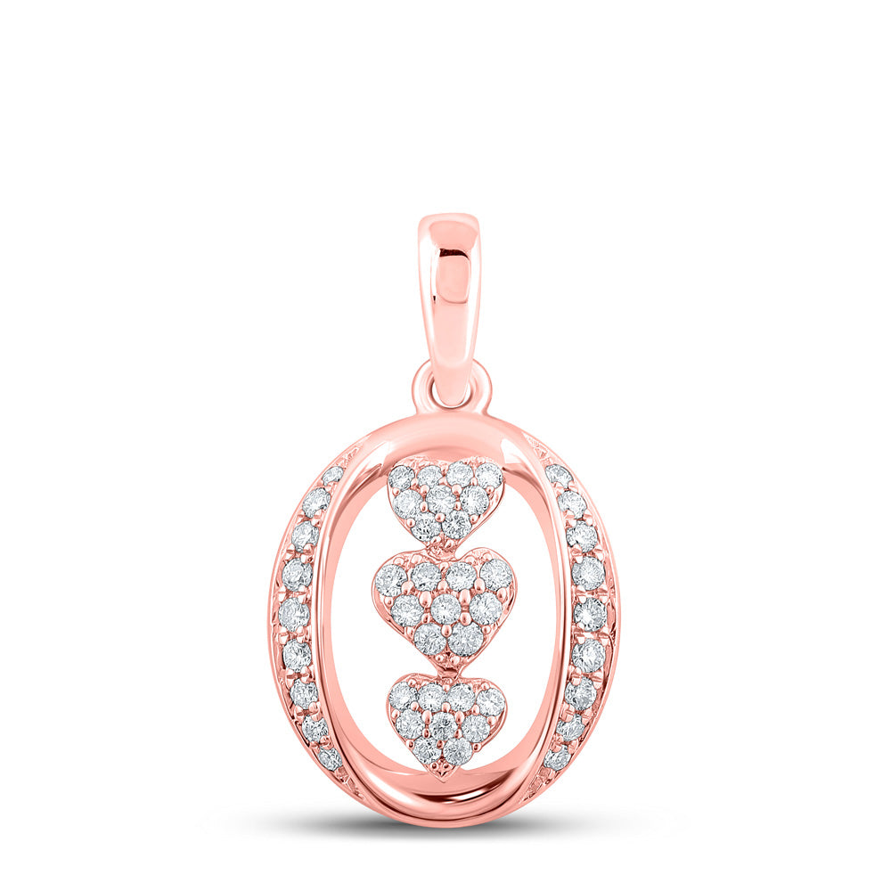 10kt Rose Gold Womens Round Diamond Triple Heart Pendant 1/4 Cttw