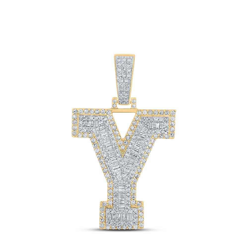 10kt Two-tone Gold Mens Baguette Diamond Y Initial Letter Charm Pendant 1-5/8 Cttw