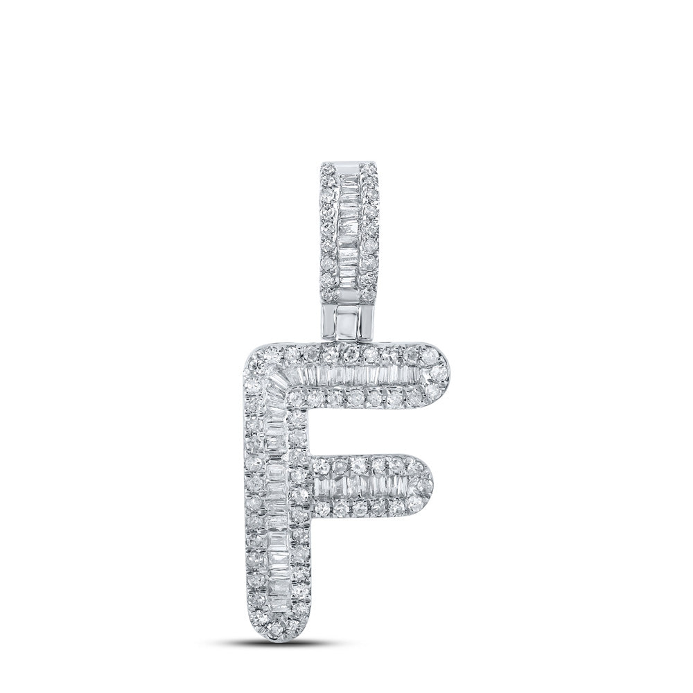 10kt White Gold Mens Baguette Diamond F Initial Letter Pendant 3/8 Cttw