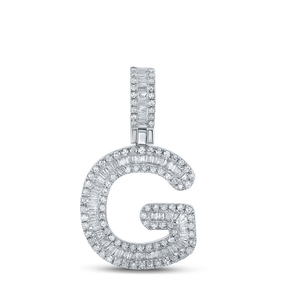 10kt White Gold Mens Baguette Diamond G Initial Letter Pendant 1/2 Cttw