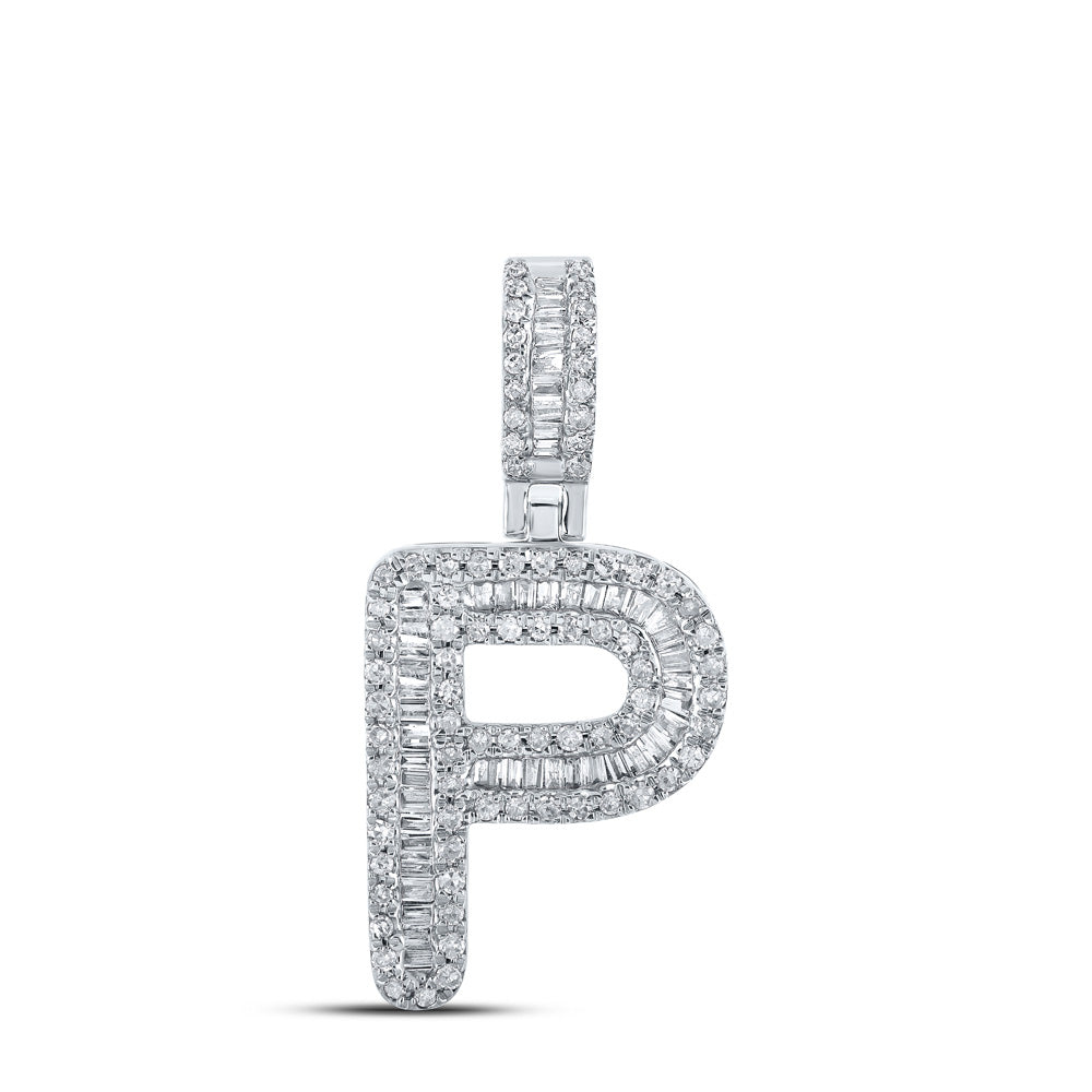 10kt White Gold Mens Baguette Diamond P Initial Letter Pendant 3/8 Cttw